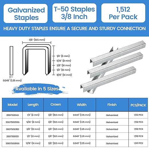 meite Staples for Staple Gun, 3/8 Inch Length Heavy Duty T50 Staples, Galvanized, 20 Gauge 3/8" Crown, Compatible with T50 Staple Gun, Ideal for Upholstery, Construction, Furniture (1,512 Counts)