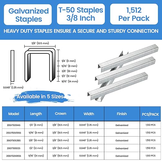 meite T50 Staples, 3/8 Inch Staples for Staple Gun, Heavy Duty Galvanized Staples, 20 Gauge 3/8" Crown, Compatible with T50 Staple Gun, Ideal for Upholstery, Construction, Furniture (1,512 Counts)