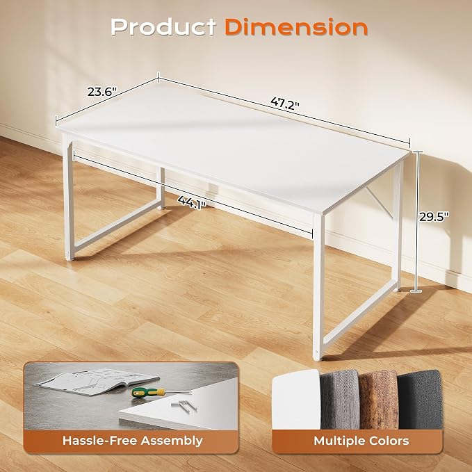 48 X 24 Inch Computer Desk with Deeper Desktop, Gaming Office Writing Work Desk for Home Office, Study, Bedroom, Work from Home, Metal Frame, White