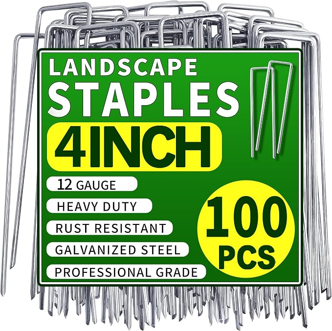 100 Pack Landscape Staples 4 Inch 12 Gauge Garden Stakes | Galvanized Garden Staples Pins Anti-Rust Ground Stakes for Weed Barrier, Irrigation Tubing, Landscaping Fabric, Yard Lawn