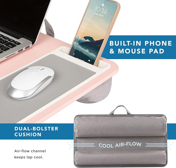 LAPGEAR Home Office Lap Desk – Pink, Fits 15.6” Laptops | Built-In Mouse Pad & Phone Slot, Integrated Device Ledge, Dual-Bolster Microbead Cushion, Carry Handle