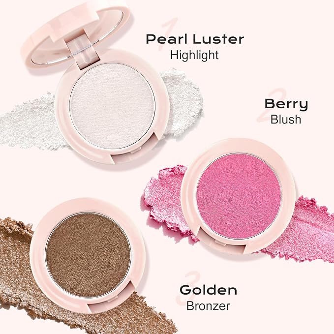 Color Nymph Blush and Highlighter Palette, 3 in 1 Contour Palette | Stackable Travel Makeup Kit, Long-Lasting, Lightweight & Buildable Shimmer Powder for a Glowing Look, Includes Brush & Mirror