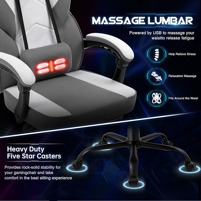 Gaming Chair for Adults with Footrest & Massage Lumbar Support, Ergonomic High Back Gamer Chair, Adjustable Swivel Computer Gaming Chairs with Headrest and Linkage Armrests,Green (Greige)