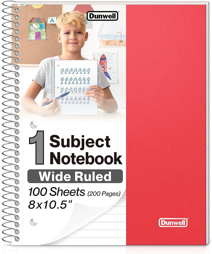 Dunwell 1 Subject Spiral Notebook (Red), Plastic Cover, 100 Sheets (200 Pages) 8x10.5 Paper, Wide Ruled for Easy Writing, 3-Hole Punched Perforated Pages, Poly Pocket Dividers | 100 Sheets (200 Pages), Wide Ruled Paper, Poly Pocket Dividers, 3-Hole Pun...