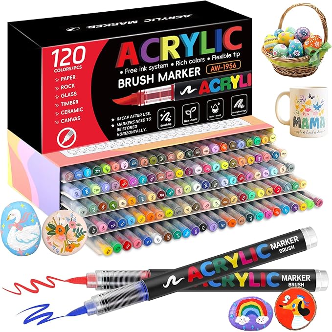 Acrylic Paint Markers Brush Tip,120 Colors Paint Pens Acrylic Markers Set,Watercolor Paint Markers for Wood,Paper,Plastic,Glass,Fabric,Vibrant marcadores acrílicos (120 Colors)