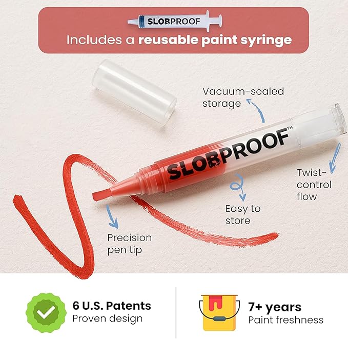 Slobproof Refillable Touch-Up Paint Pen, Pack of 2 - Precision Brush Tip | Mess-Free Touch-Up Tool for Quickly Retouch Small Areas with Controlled Syringe Flow for Custom Color Filling