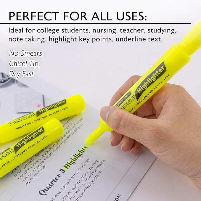 BAZIC PRODUCTS Yellow Desk Style Highlighters, Chisel Tip, 3 Count, 24-Box | Quick-dry, Yellow fluorescent desk-style highlighters, wide barrel, non-toxic ink, ASTM D-4236, odorless