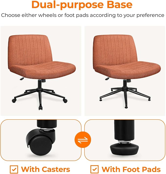 NEO CHAIR Criss Cross Chair with Wheels Armless Cross Legged Office Desk Wide Comfy Vanity Makeup Chair Adjustable Swivel Rolling Computer for Home Office Fabric (Brown) | Cross-Legged Friendly Design, Dual Base with Wheels or Pads, 360° Swivel & Heigh...