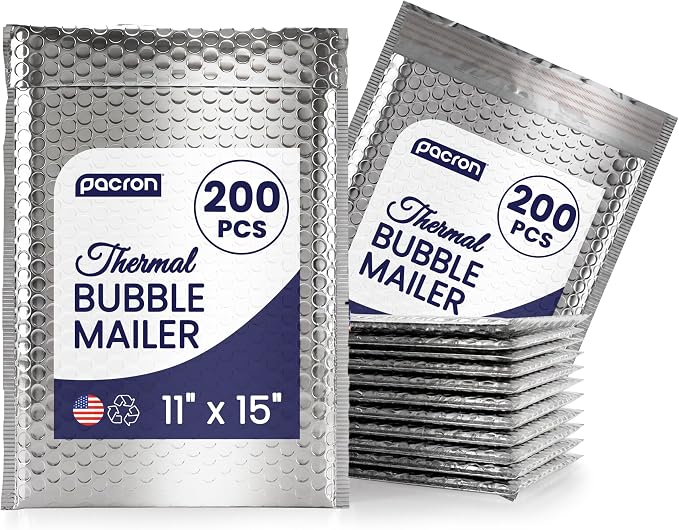Waterproof Insulated Foil Thermal Bubble Mailers 11x15, 200-Pack | Ideal for food, skincare, cosmetics & perishables. Tear-resistant metallic lining protects temperature-sensitive items.