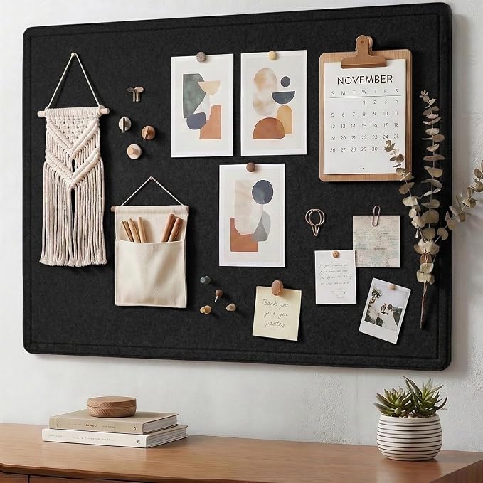 AKTOP Foldable Felt Bulletin Board for Wall, 24x36 inches, Black | Large Cork Board Alternative with 25 Pushpins, Decorative Photo Display Board Pin Board, For Home, Office & School