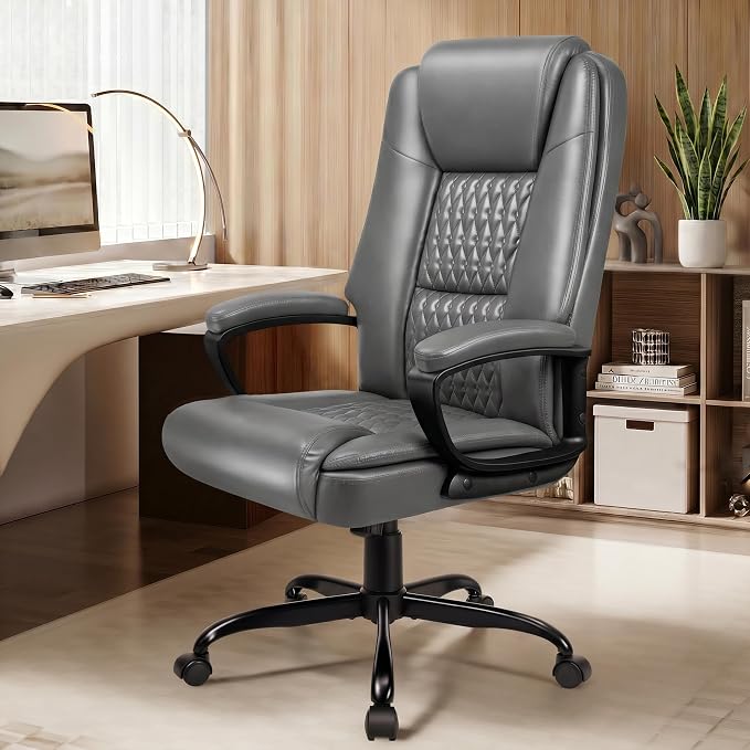 Executive Office Chair, Ergonomic High Back Desk Chair with Lumbar Support, Adjustable Big and Tall Computer Chair, 360° Swivel, PU Leather, Grey