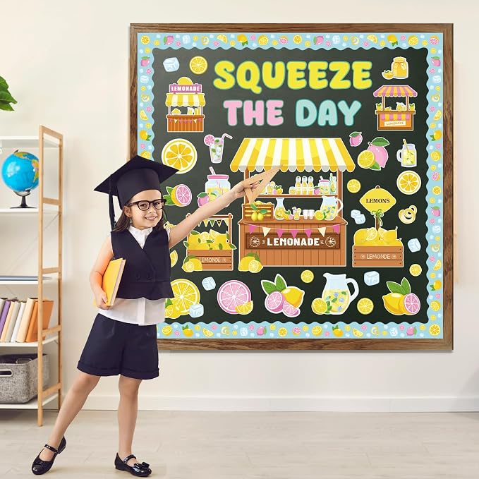 Wxiben Lemon Bulletin Board Decorations, Lemonade Stand Classroom Decor | Squeeze The Day Cutouts Summer Bulletin Board Set, Back to School Office Wall Decorations Supplies