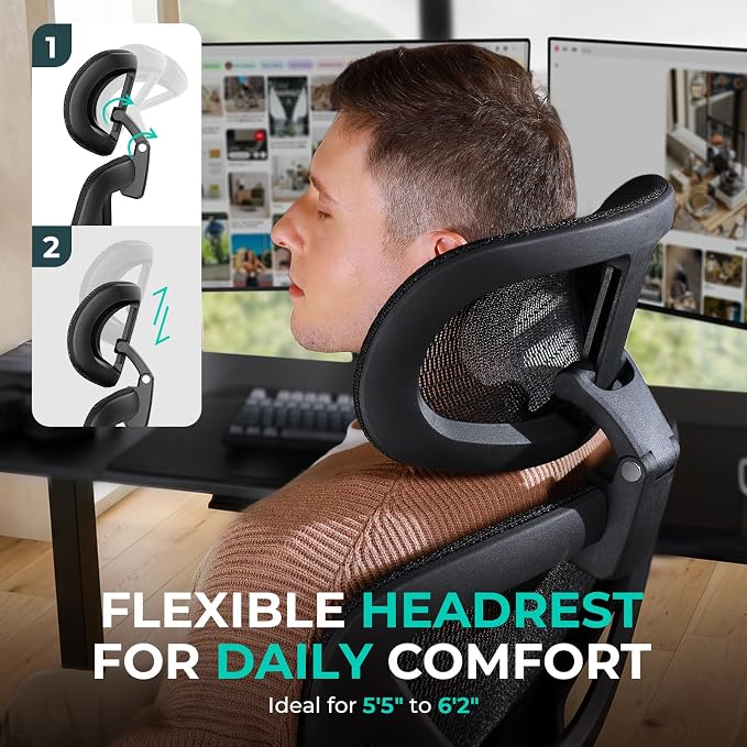 Ergonomic Mesh Office Chair, Adjustable Lumbar High Back Desk Chair 400lbs, 4D Flip-up Arms, 3-Level Tilt Backrest, 3D Headrest, PU Wheels, Swivel Rolling Computer Seating for Long Desk Work