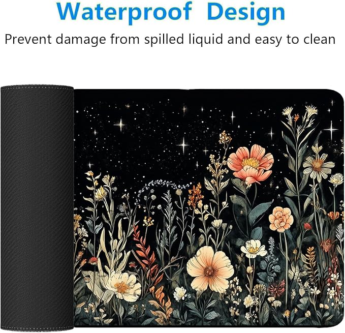 Cute Mystical Plants Desk Pad Whimsical Moon Stars Extended Gaming Mouse Mat with Stitched Edge Non-Slip Base - Big Office Computer Keyboard Laptop Home - 31.5"x11.8"