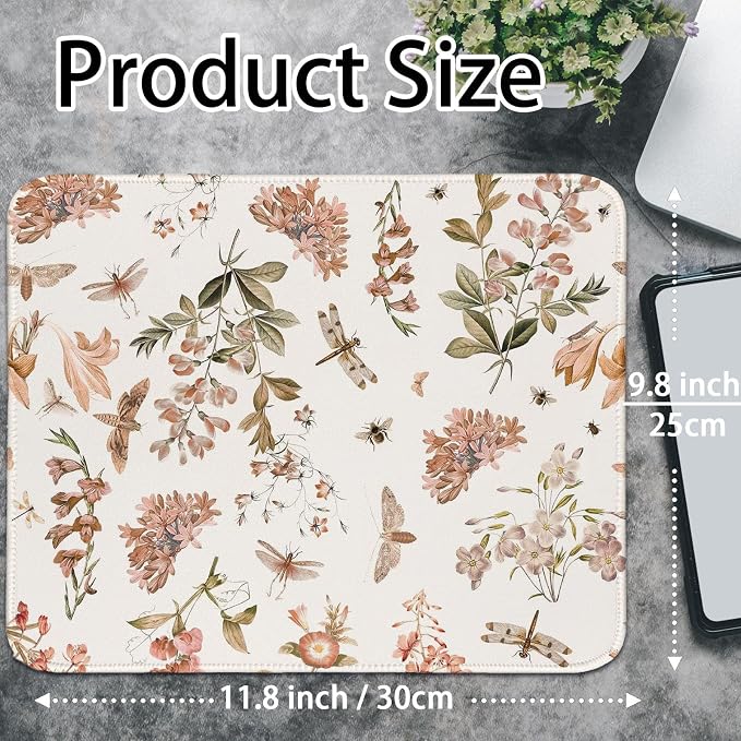 Floral Fall Mouse Pad Brown Red Boho Small Mousepad, Autumn Insect Mouse Pads for Laptop Desk, Flower Cute Mouse Pad for Computers Aesthetic Fall Office Desk Accessories for Women 11.8x9.8