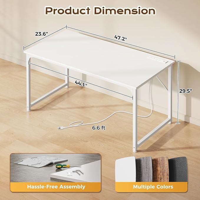47 X 24 Inch Deeper Desk with Power Outlets | Computer Desk for Bedroom, Office Desk for Work from Home, Writing Study Gaming Table, Stable Metal Frame, White