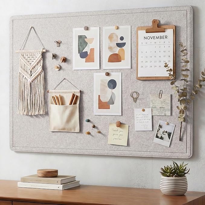 AKTOP Foldable Felt Bulletin Board 24x16 in, Latte | Cork Board Alternative with 25 Pushpins, Decorative Photo Display Board with Self-Adhesive Tape, For Home, Office & School