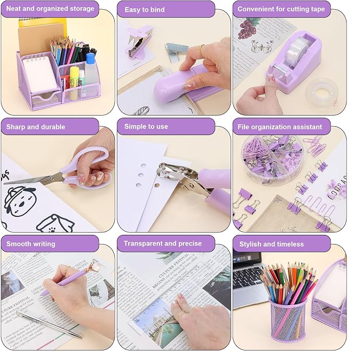 13-in-1 Office Desk Organizer Set for Back to School Supplies Accessories | Organizer Set with Stapler and Tape Dispenser, Pen Holder, Scissors, Ruler, Hole Punch, 2 Pens & More Desk Supplies