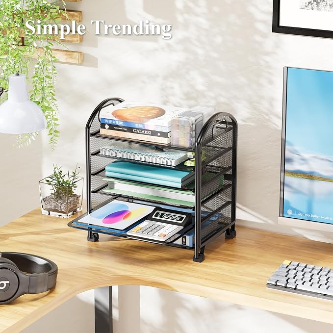 Simple Trending 6-Tier Desk File Organizer, Paper Organizer for Desk, Black | Letter Tray Holder with Handle. Sturdy Metal Frame. Non-slip Feet. Black for Office Home School. 13.1"L x 8.8"W x 14.3"H