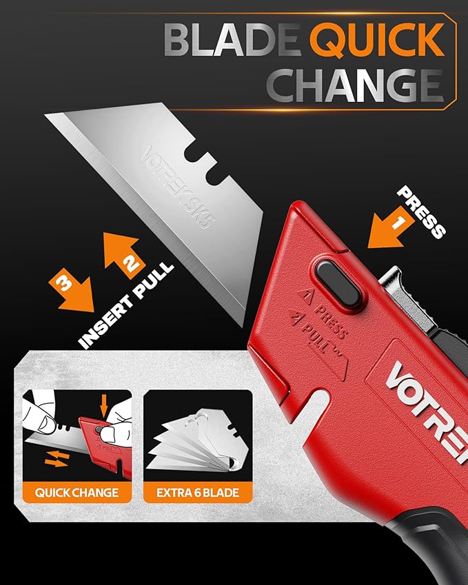 VOTREK® Box Cutter Utility Knife, [2-in-1] Retractable Box Cutter, Heavy Duty Safety Sharp Razor Knife for Home & Warehouse Cardboard, Carpet, [Blade Storage], with Extra Razor & Hook Blades (Red)
