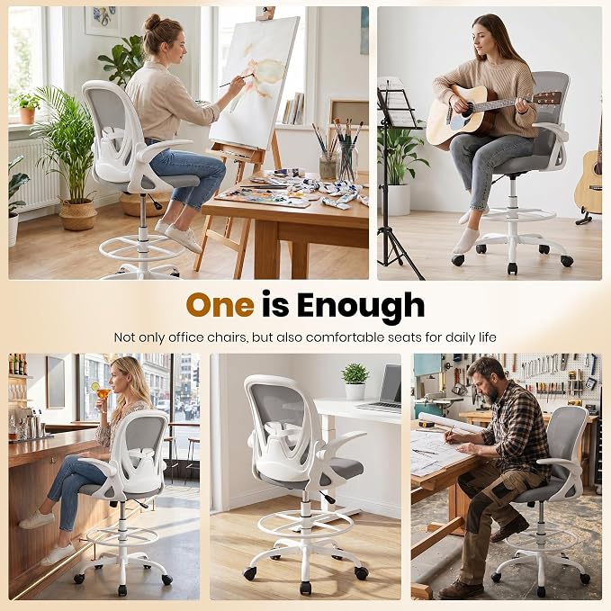 Ergonomic Drafting Chair with Flip-Up Armrests & Adjustable Footrest – Tall Office Chair for Standing Desks, Lumbar Support, Gray – Home & Office Comfort