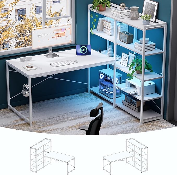 Pamray L Shaped Computer Desk with Reversible Side Storage Shelves, 49 Inch Gaming Desk with Power Outlets and Led Lights, PC Table for Home Office and Bedroom White