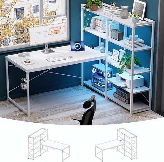 Pamray L Shaped Computer Desk with Reversible Side Storage Shelves, 49 Inch Gaming Desk with Power Outlets and Led Lights, PC Table for Home Office and Bedroom White