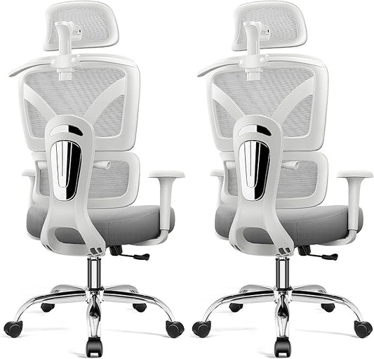 Ergonomic Office Desk Chair, High Back Mesh Office Chair with Adjustable Lumbar Support, 3D Headrest, Big and Tall Home Computer Desk Chairs Comfy for Work, Gaming, 300lbs, (Gray, 2 Pack)