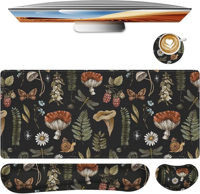 Mouse Pad Set Large Desk, Desk Matt for Desktop with Wrist Rest,Anti-Slip XXL Big Computer Ergonomic Mousepad with Wrist Support for Keyboard and Mouse(Plant)