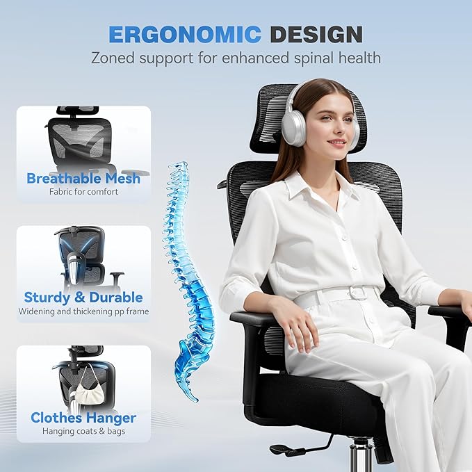 Ergonomic Office Chair, High Back Mesh Desk Chairs Comfy with Adjustable Lumbar Support, Home Computer Gaming Chair with 3D Headrest for Long Hours, 2 Pack