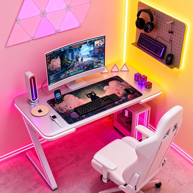 Cute Anime Black Cat Gaming Mouse Pad, Blue Pink Dreamy Desk Mat with Anti-Slip Base & Stitched Edges, Office Supplies & Desk Decor for Women, 35.4" x 15.7" in Home Office Essentials