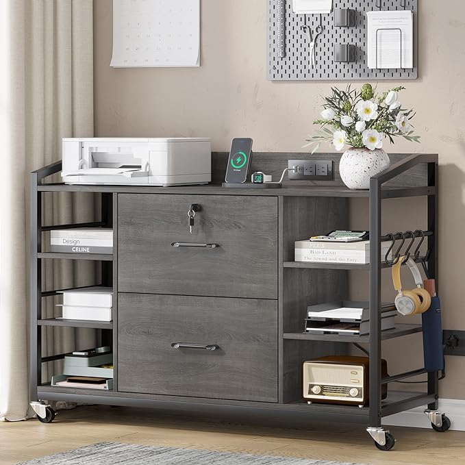 SEDETA 44" File Cabinet with Lock, Filing Cabinet fits Legal/Letter Size | Grey Lateral 2 Drawer Filing Cabinets for Home Office with Lock, Power Strip, 6 Storage Shelves, Wheels and 4 Hooks