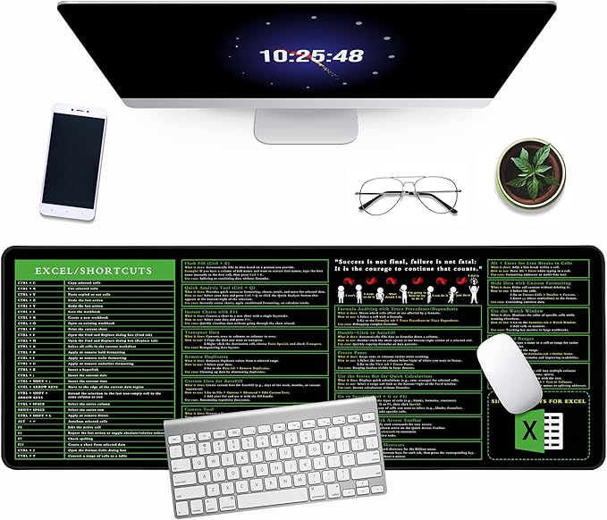 Excel Cheat Sheet Desk Pad, 31.5"x11.8", Waterproof Extra Large Excel Shortcut Mat with Stitched Edges, Anti-Slip Excel Mouse Pad for Office Desk, MS Excel/Word Shortcuts (Green Shortcut A)