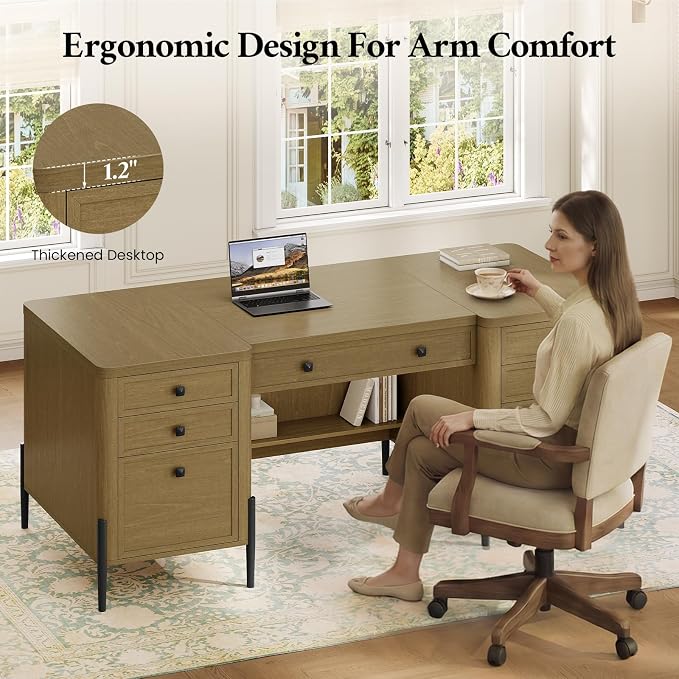 63" W x 27.6" D Executive Desk with 2 Cabinets & 6 Drawers, Farmhouse Home Office Desks with Keyboard Tray, Large Boss Desk with Privacy Panel, Modern Table with File Drawer