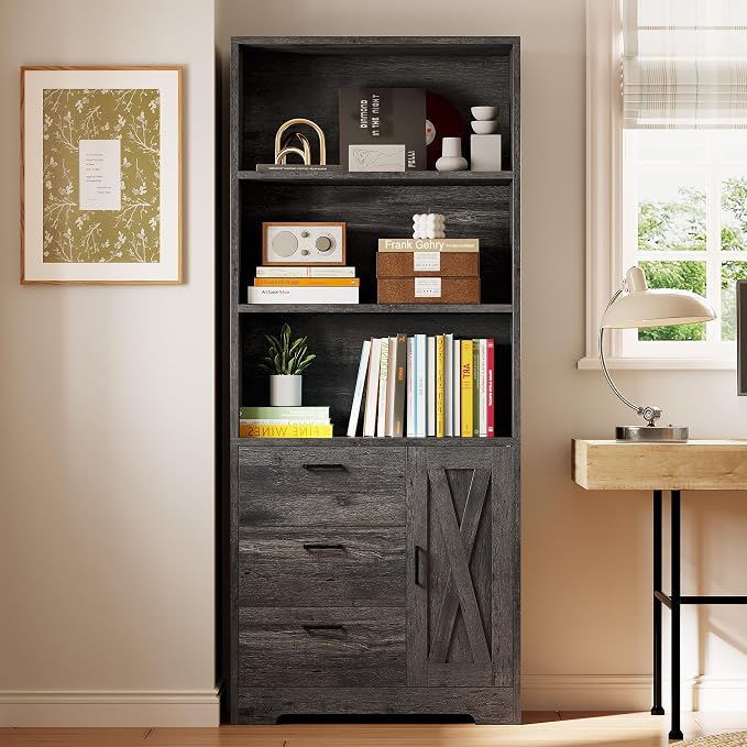 IRONCK 71 in Bookshelf with Doors and Drawers, Industrial Tall Bookcase | Engineered wood with 3-tier shelves, 3 drawers, enclosed storage, anti-tip hardware, 132 lb maximum capacity, for home office