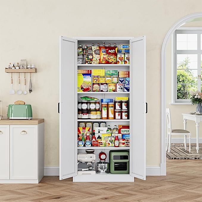 Letaya 75" H Metal Storage Cabinet with 2 Doors and 4 Shelves,Tall Kitchen Pantry Cabinets,Farmhouse Utility Pantry Organizers for Cupboard/Dining/Bathroom/Home Office/Garage,White
