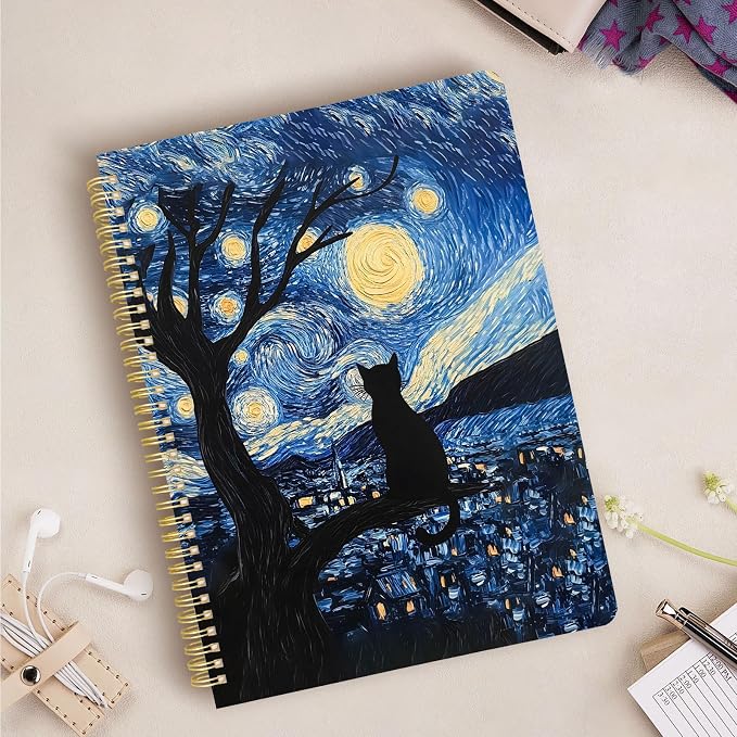 Cute Spiral Notebook journal A4 Aesthetic Pretty Design for Women Girls Kawaii with Pocket, 8.5 x 11 inch, Lined, Cat Galaxy