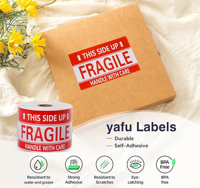 3 x 5 Inch Handle with Care This Side Up 500 Permanent Adhesive Fragile Stickers for Shipping Moving Glass Labels (1 Roll, 500 Labels)