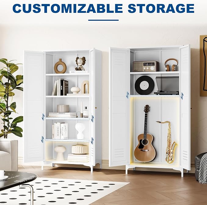 Fesbos Metal Storage Cabinet-61” Tall Steel File Cabinets with Doors and 4 Adjustable Shelves-White Steel Storage Cabinet for Home,Kitchen, School, Office, Garage