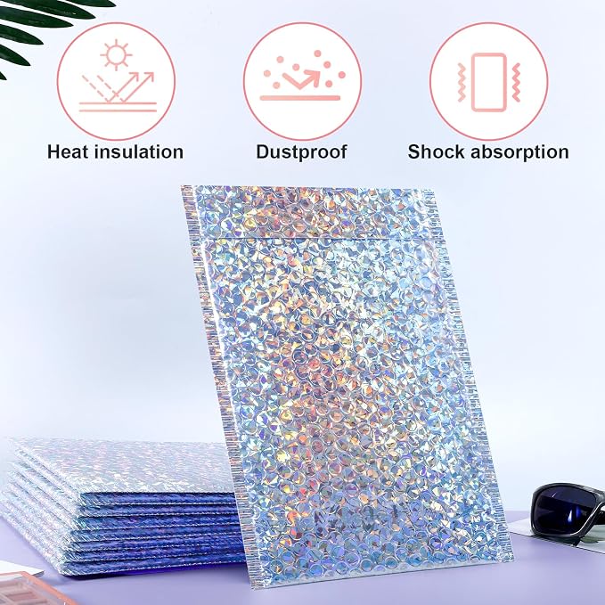 30Pack Holographic Bubble Mailer, Cushion Envelope 11x7In, Silver | Waterproof Self Sealing Poly Padded Envelope, Metallic Mailing Envelopes Bubble Padded for Shipping Mailing Packing
