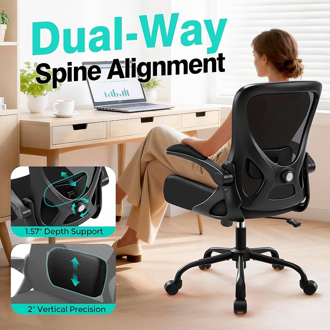 Office Chair - Ergonomic Breathable Mesh Desk Chair with Adjustable Lumbar Support and Flip-up Armrests - Executive High Back Rolling Swivel Comfortable Computer Gaming Chair for Home Office