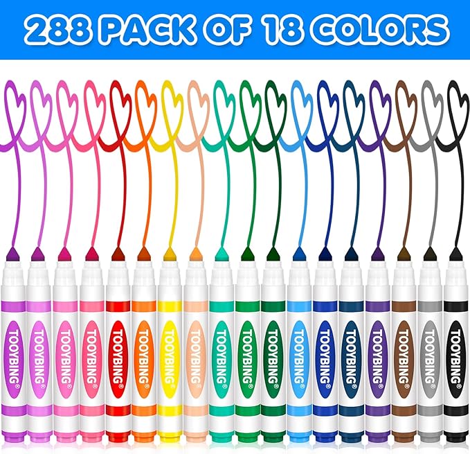 Washable Markers Bulk (288 Count), 18 Assorted Colors, Washable Markers for Kids Classroom School, Broad Tip Durable for Back to Classroom Art School Supplies Essentials