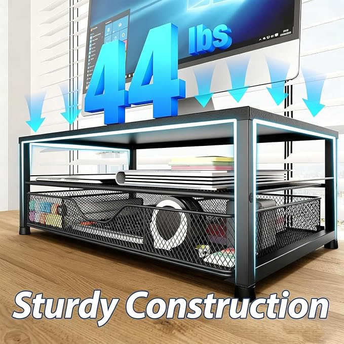 Desk Organizer and Accessories, 2-Tier Computer Monitor Stand Riser with Drawer and 2 Pen Holders, Laptop Stand, Office Desk Accessories for Office Supplies, 2 Pack, Black
