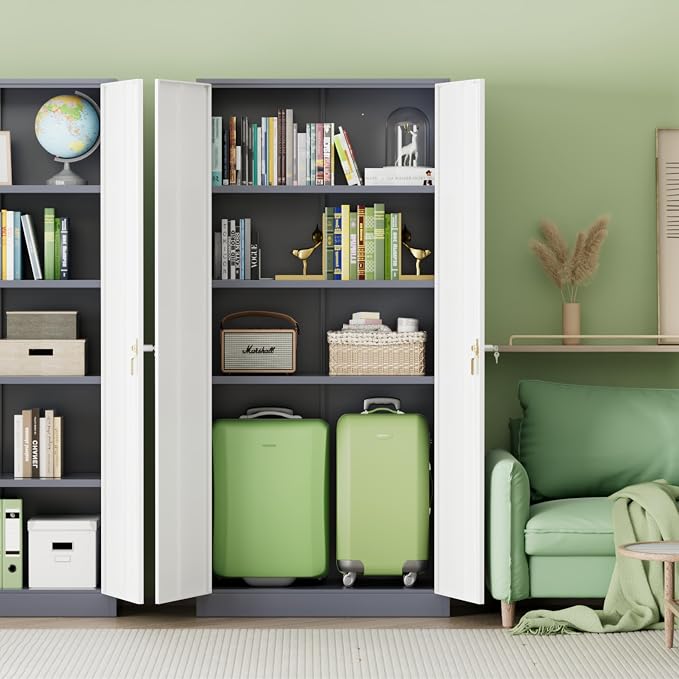 Metal Storage Cabinet for Garage,72" Lockable Storage Cabinets with Doors and Adjustable Shelves,Steel Locking Cabinet for Garage,Office,Home,Gym,School (White Grey)