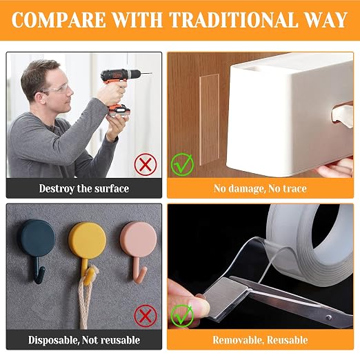 Double Sided Tape Heavy Duty for Wall Decor No Damage to Paint,Clear Removable Mounting Tape,Nano Two Sided Adhesive Tape,Picture Hanging Strips for Posters,Stickers - 3Rolls,Total(1.18in*20FT)