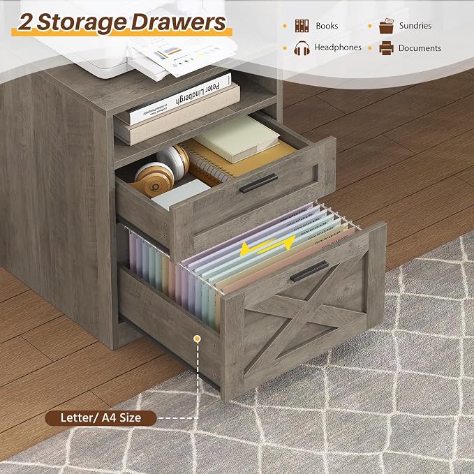 63" Farmhouse L Shaped Desk with Drawers & Storage Shelves for Home Office | Corner Desk with Power Outlets & LED Lights, L-Shaped Office Desks with File Drawer, Printer Shelf, Monitor Stand, Grey