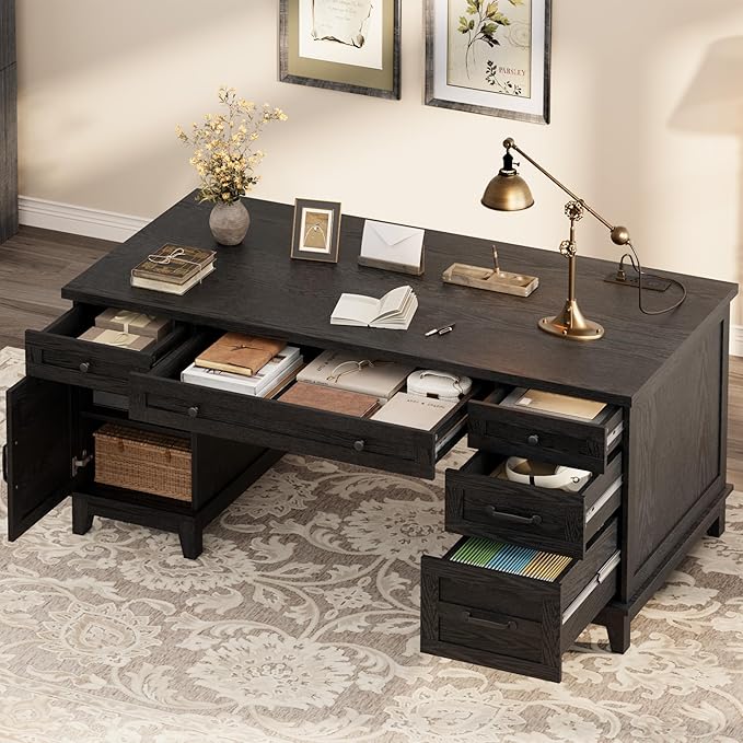 Garvee 60" Wooden Home Office Desk with File Drawers, Executive Desk with Adjustable Cabinet, Farmhouse Wood Desk with Power Outlet, Distressed Study and Work Table, Rustic Black