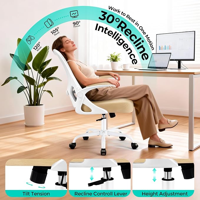Office Chair - Ergonomic Breathable Mesh Desk Chair with Adjustable Lumbar Support and Flip-up Armrests - Executive High Back Rolling Swivel Comfortable Computer Gaming Chair for Home Office