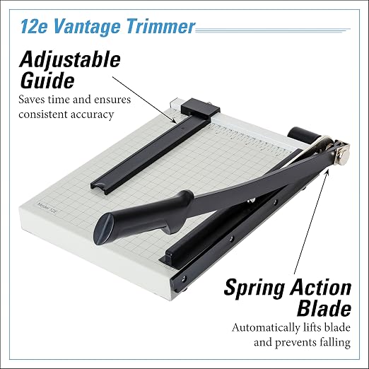 Dahle 12e Vantage Paper Trimmer, 12" Cut Length, 15 Sheet, Automatic Clamp, Adjustable Guide, Metal Base with 1/2" Gridlines, Guillotine Paper Cutter