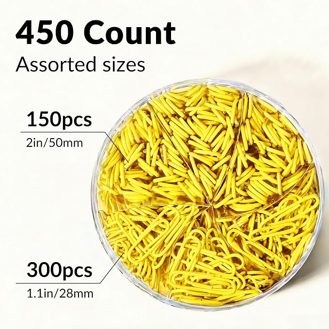 NEEWAY 450pcs Paper Clips Assorted Sizes, Small and Large Paper Clips (1.1 inch, 2 inch), Coated Paperclips for Office School Document Organizing (Yellow)